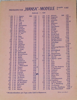 1/65 Preisliste  (1 St.) "Hansa" - Modelle und Schiffsbausätze 1:1250